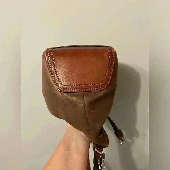 Vintage Fossil Brown Hobo Leather Bucket Shoulder Woven Handle Drawstring Bag - Picture 4 of 16